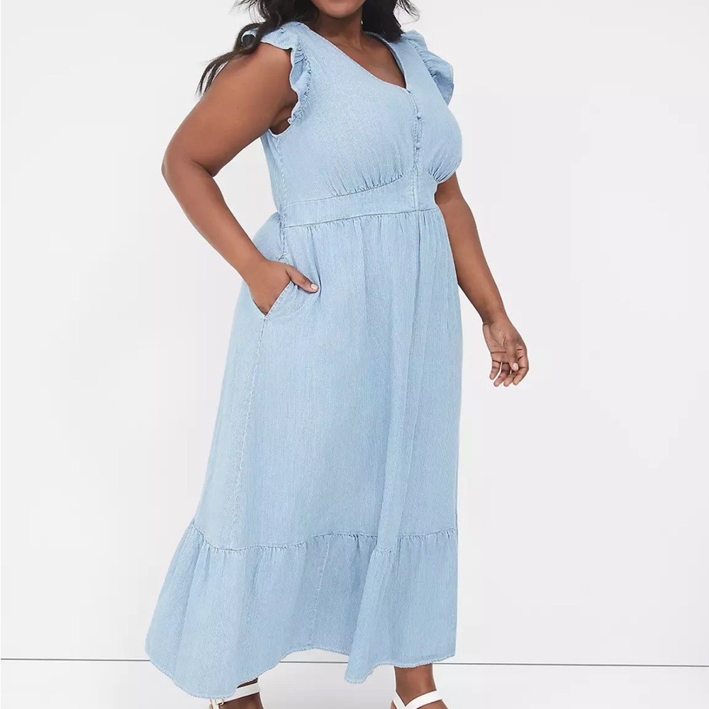 NWT Lane Bryant Dress “Denim” White Stripe Tiered Midi Dress Sz 18 Coastal Boho - Picture 11 of 11
